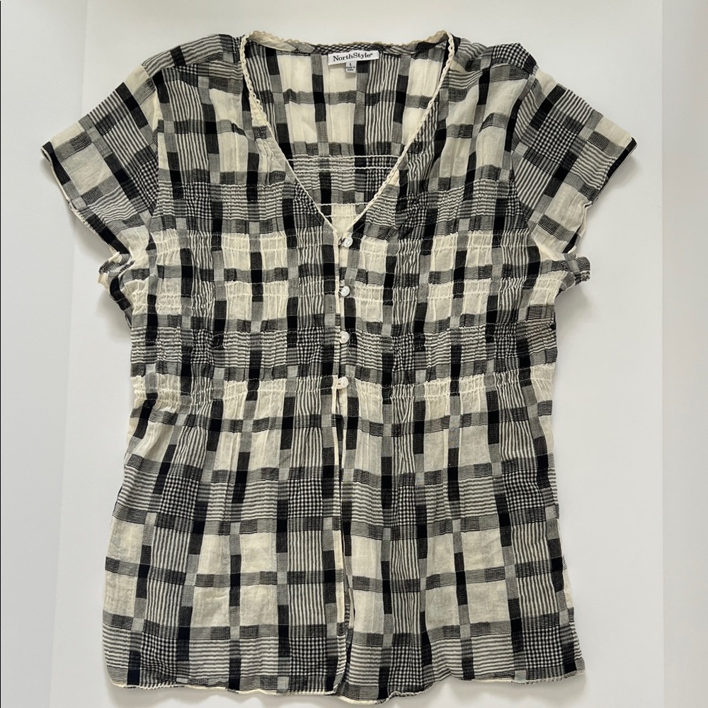 NorthStyle Black & Ivory Plaid Cotton Smocked Top